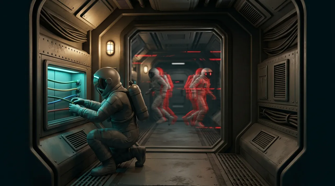 An astronaut figure works a wiring panel that renders crisply under a steady cyan light, while through the doorway behind them the corridor crew smear into stuttering red duplicates