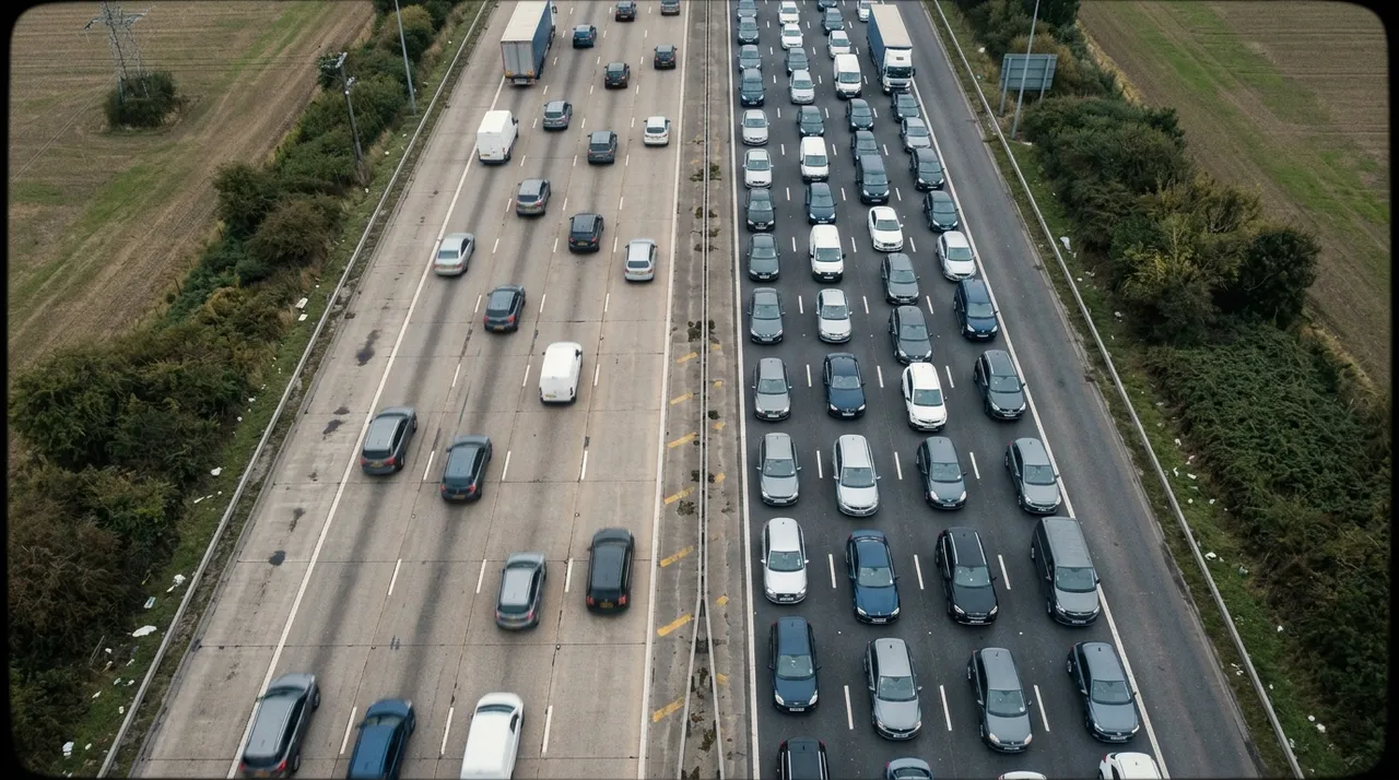 An overhead daylight aerial photograph of a motorway split by a central barrier: the left carriageway flows with well-spaced cars blurred by their own movement, while the right carriageway is stopped dead, packed nose to tail across every lane