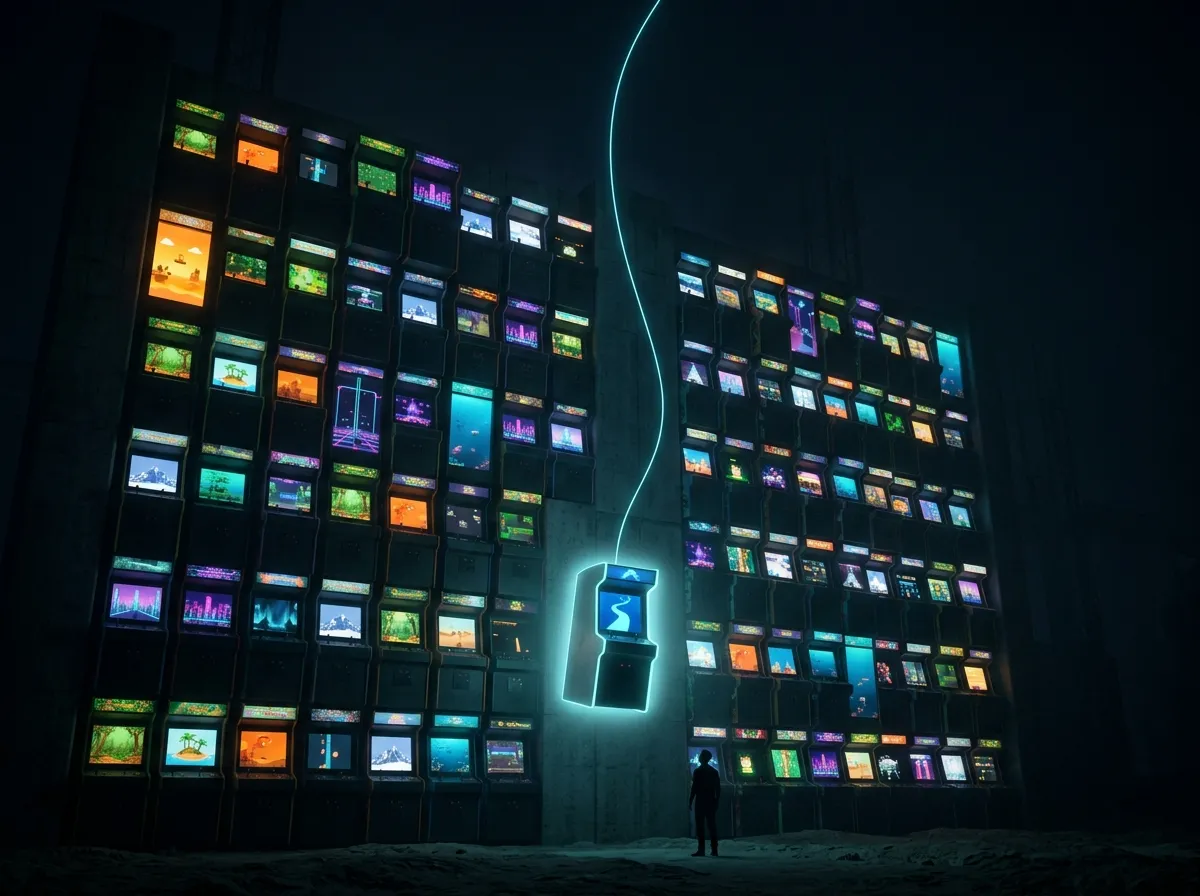 A wall of dozens of glowing arcade cabinets at night, one cabinet floating forward wrapped in a cyan glow — picking your game from a huge catalog