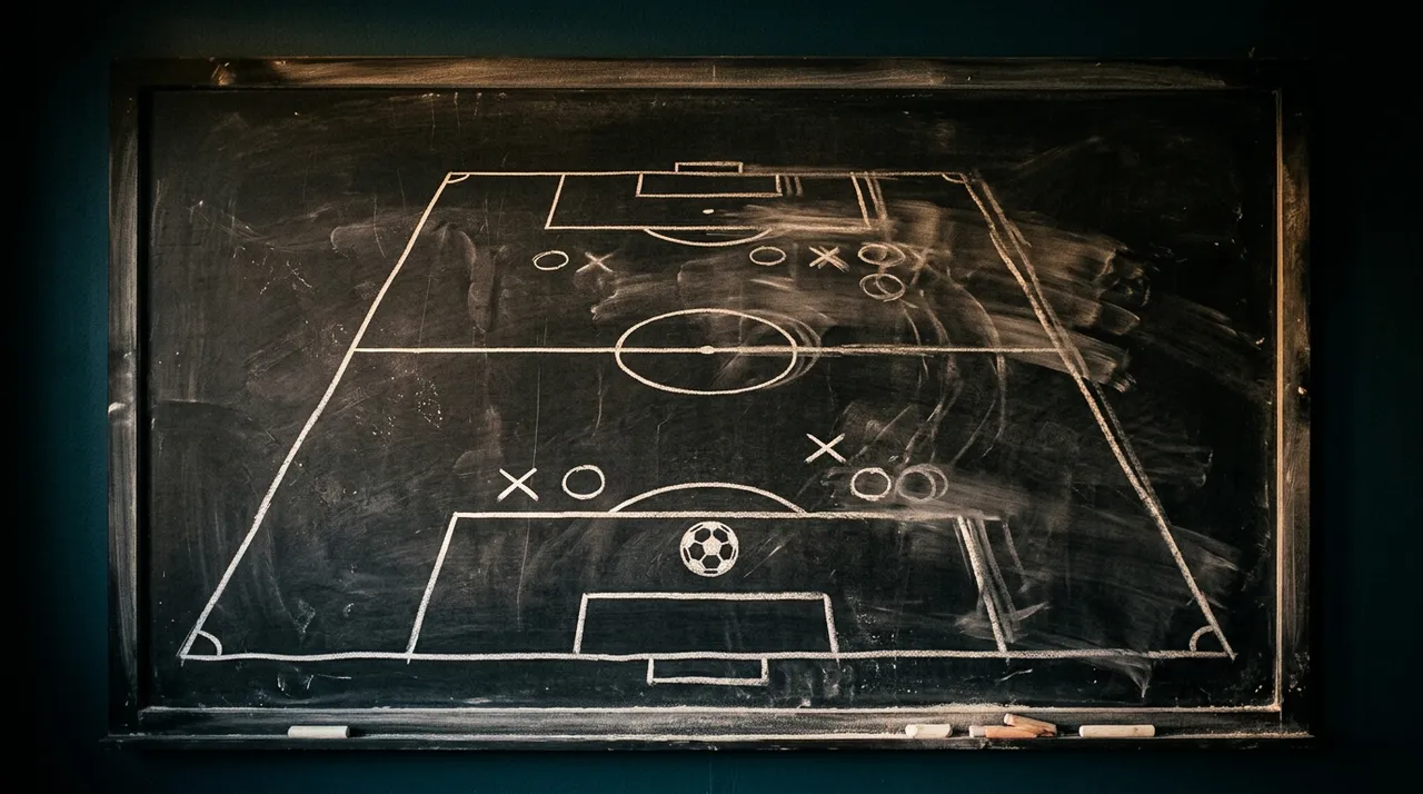 A coach's chalk tactics board: a football pitch drawn in white chalk, crisp and clean across the near half around the ball, while the far half is rubbed and smeared, its player markers doubled into faint ghosts