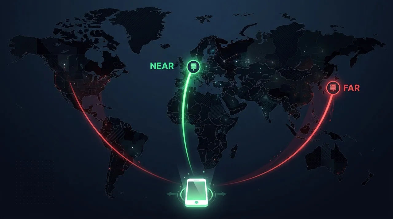 Distance is the ping floor: a near server keeps the route short, a far one stretches it across the map