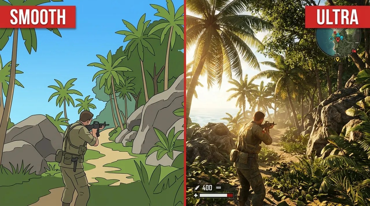 Same scene, two presets: Smooth trades visual richness for steady frames, Ultra does the opposite