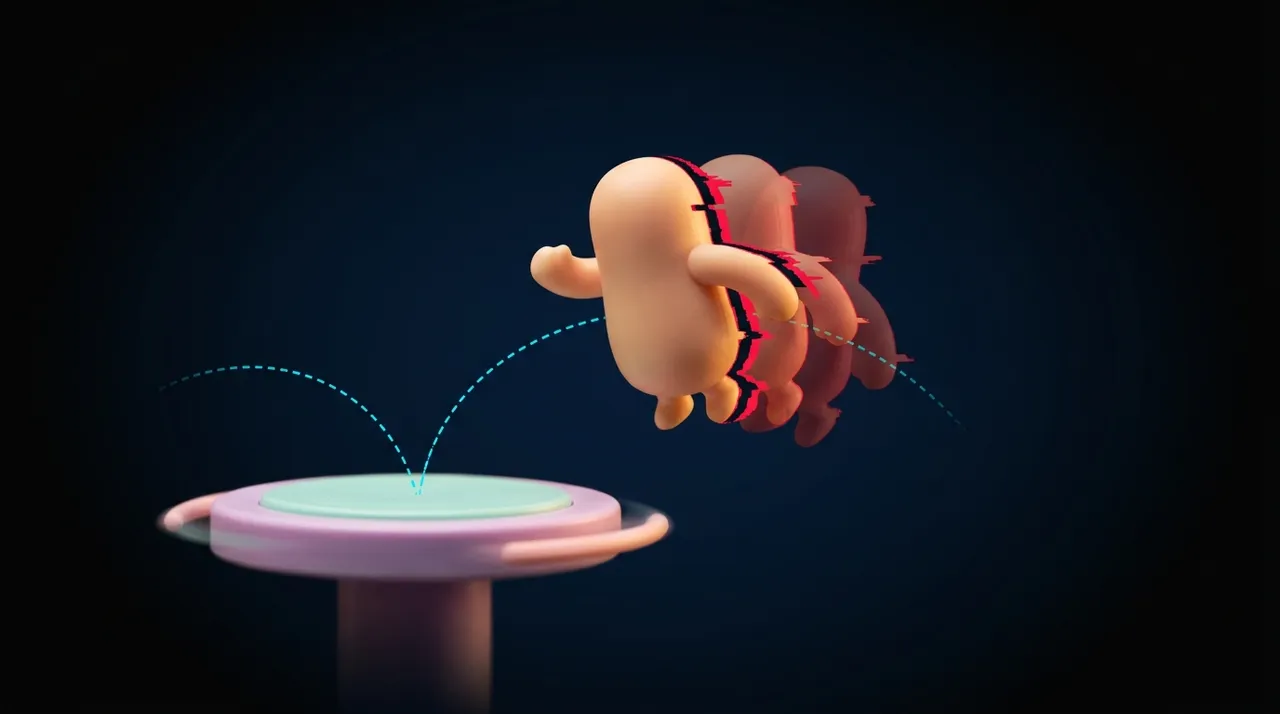 A wobbly bean-shaped runner mid-leap toward a spinning platform, caught in a jagged red glitch that smears it into two backward duplicates, the platform drifting just out of reach while a clean cyan arc shows the jump it should have made
