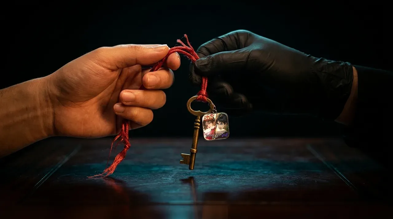 A close-up night photograph of an antique brass key on a red silk cord being passed from a bare hand to an anonymous black-gloved one over a dark lacquered table, an Honor of Kings enamel tag hanging from the key