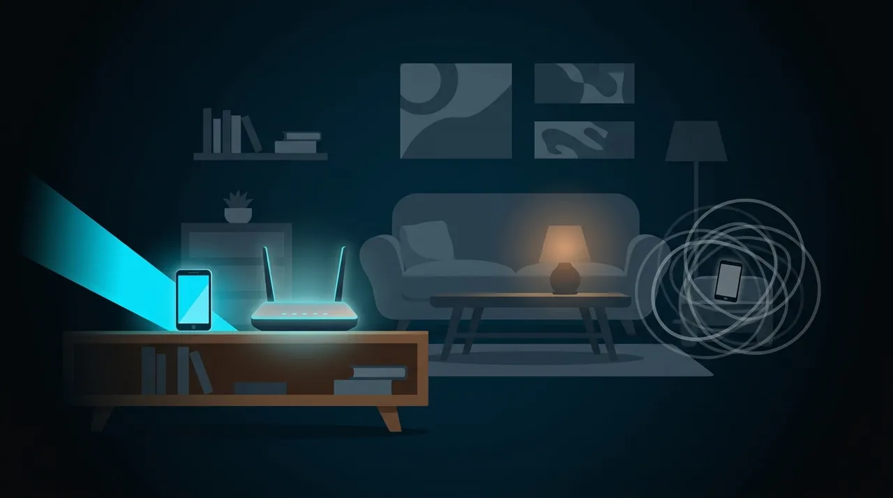 In a dark living room, a phone right next to the router sits in a clean cyan beam while a second phone across the room is tangled in a muddy knot of weak, crowded signal rings